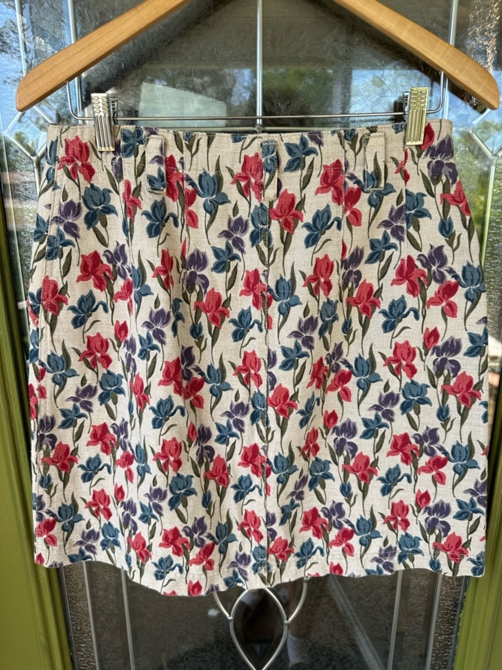 Vtg Lizwear Floral Cotton Linen Mini Skirt Size 10 Pockets Red Blue Purple Tan - Picture 2 of 5
